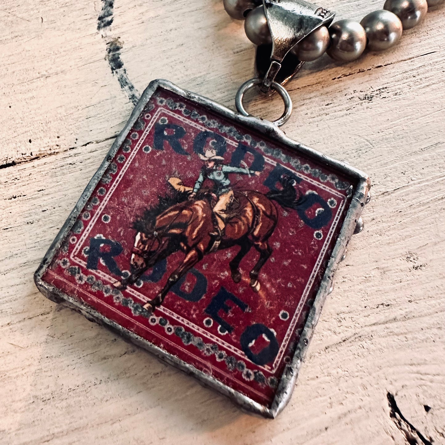 8mm Pewter Pearl Necklace with Rodeo Rodeo Pendant