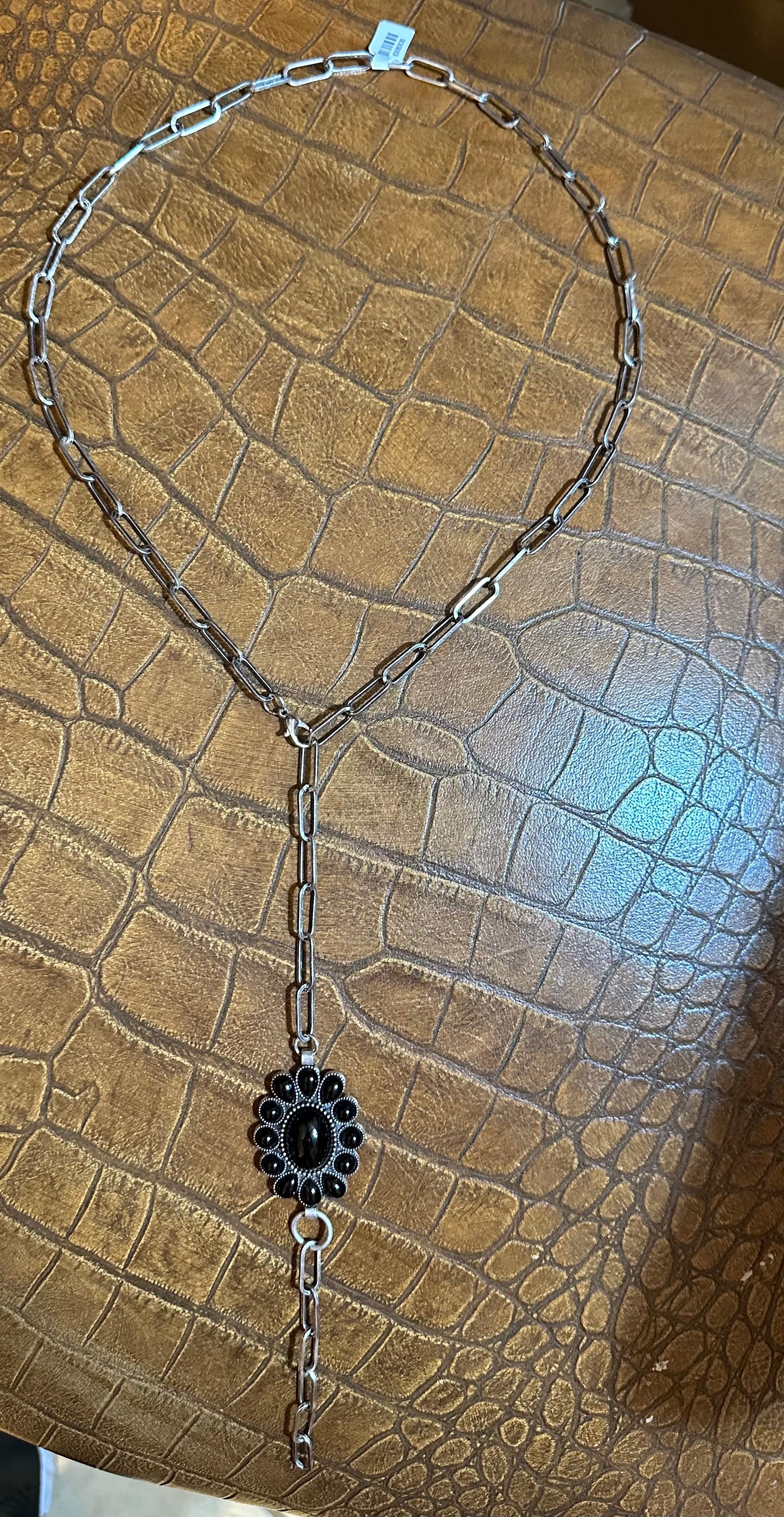 Paperclip Chain Long Necklace with Black Onyx Cluster