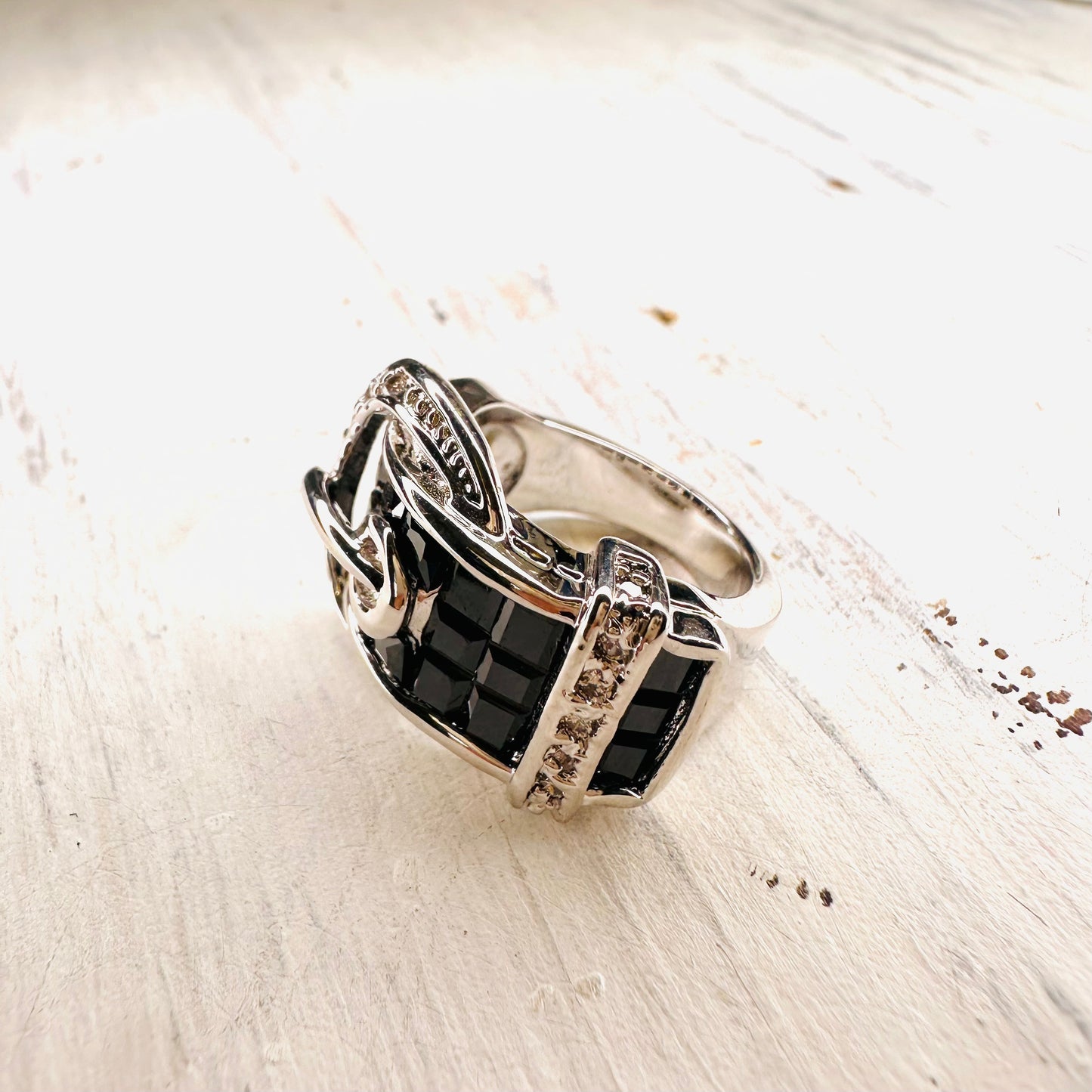 Black & CZ Stone Buckle Ring