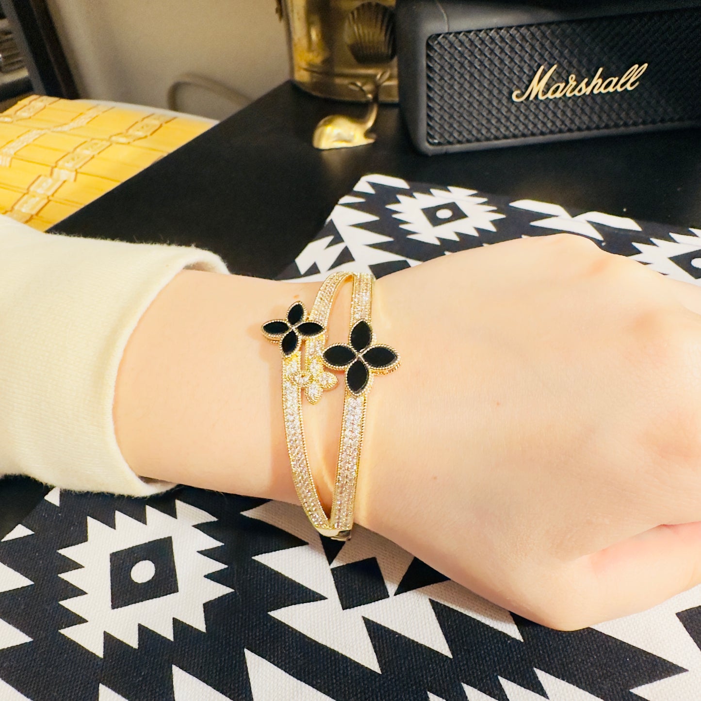 Gold, Black, & CZ Multi Clover Hinged Bracelet