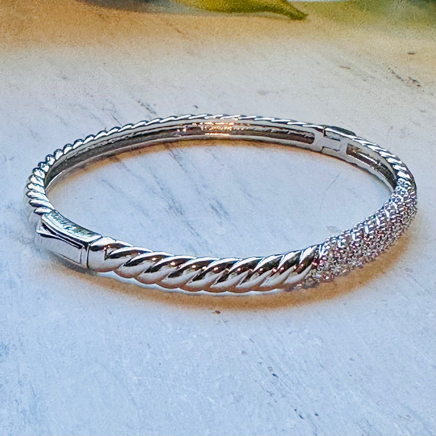 Silver & CZ Twisted Hinged Bangle Bracelet
