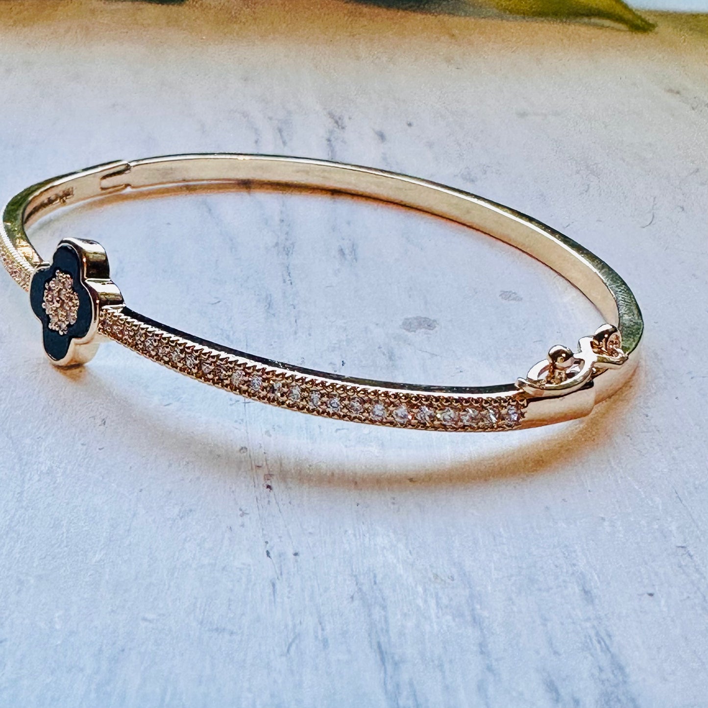Gold & CZ with Black Clover Bangle Bracelet