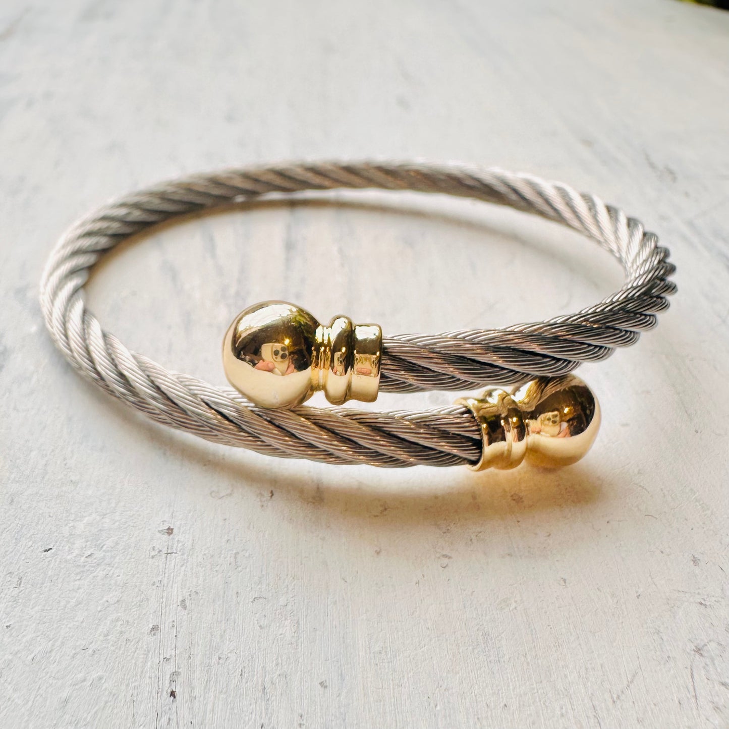 Silver Cable Cuff Bracelet with Gold Ends