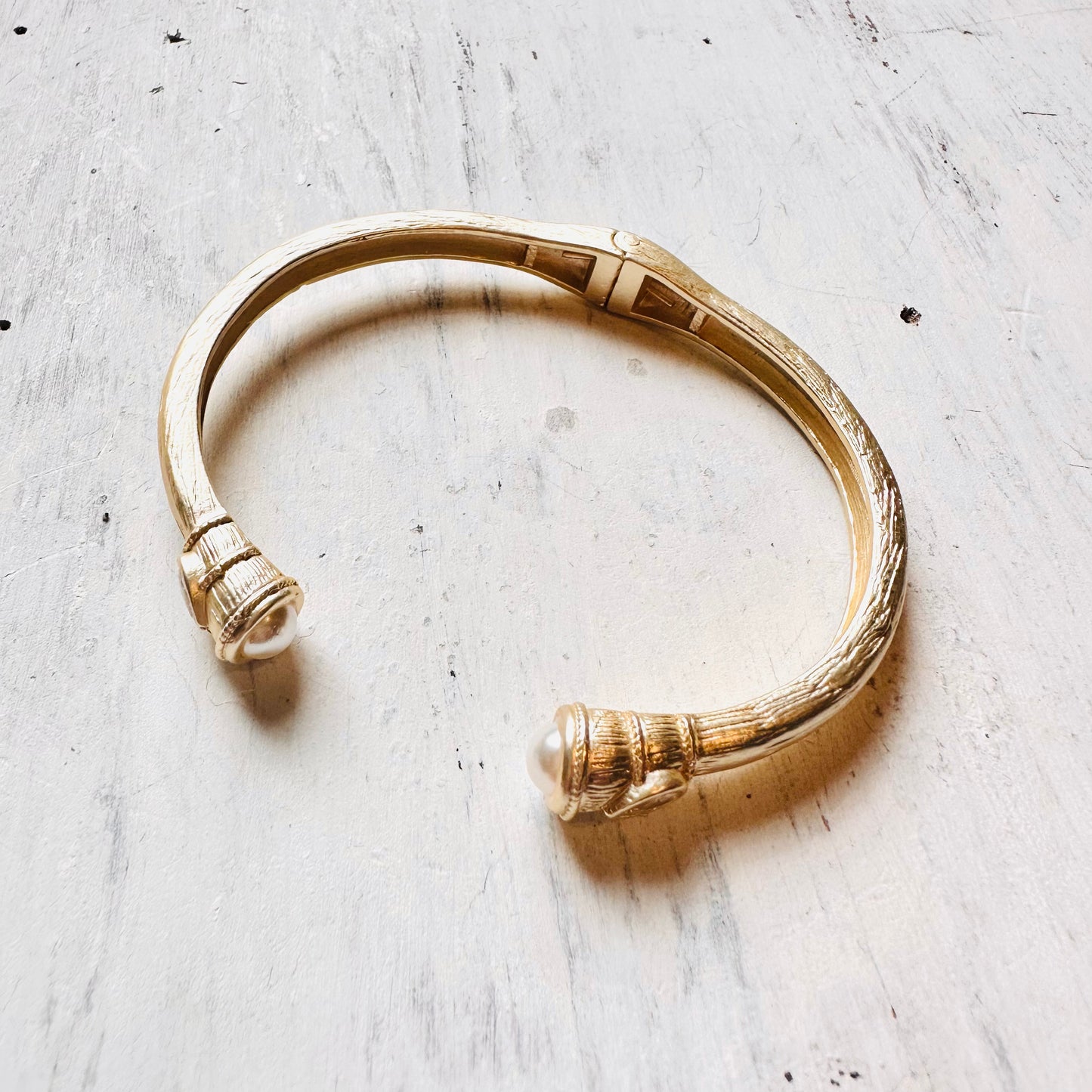 Matte Gold Textured Hinge Cuff Bracelet with Pearl Ends