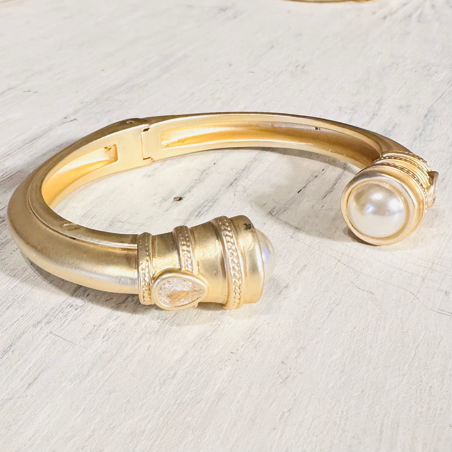 Matte Gold Hinge Cuff Bracelet with Pearl Ends
