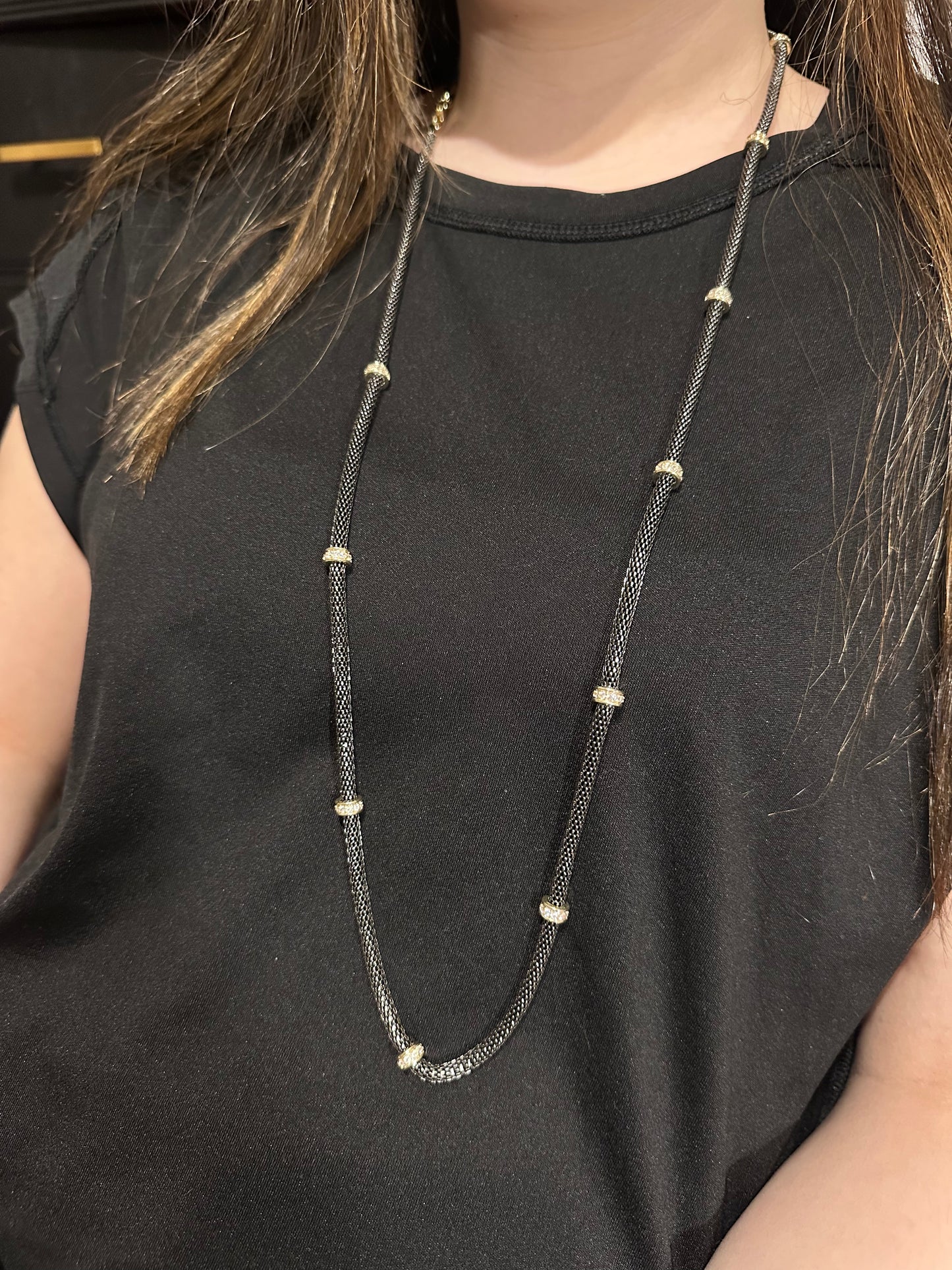 34" Pewter Mesh Necklace with Gold & CZ Accents