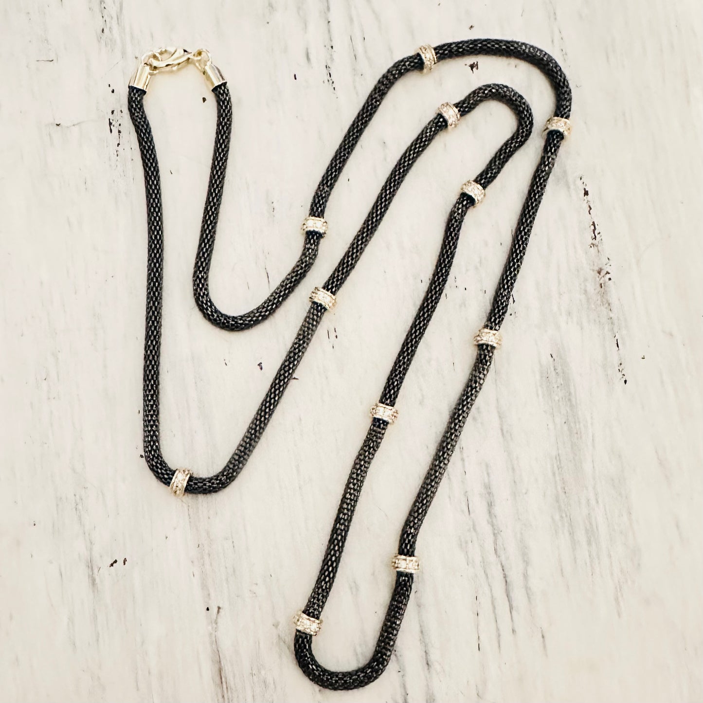 34" Pewter Mesh Necklace with Gold & CZ Accents