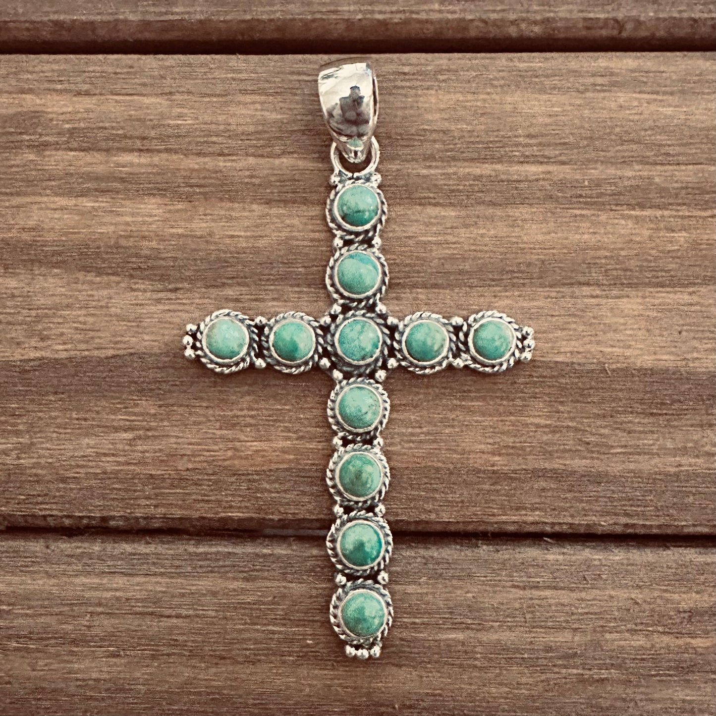 Sterling & Green-Turquoise Rope Cross Pendant