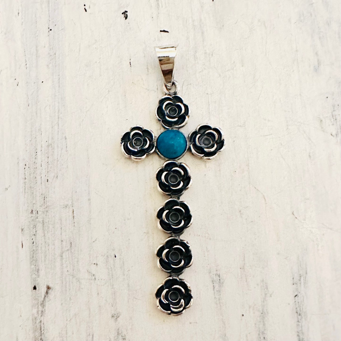 Sterling Rose Cross Pendant & Turquoise Stone