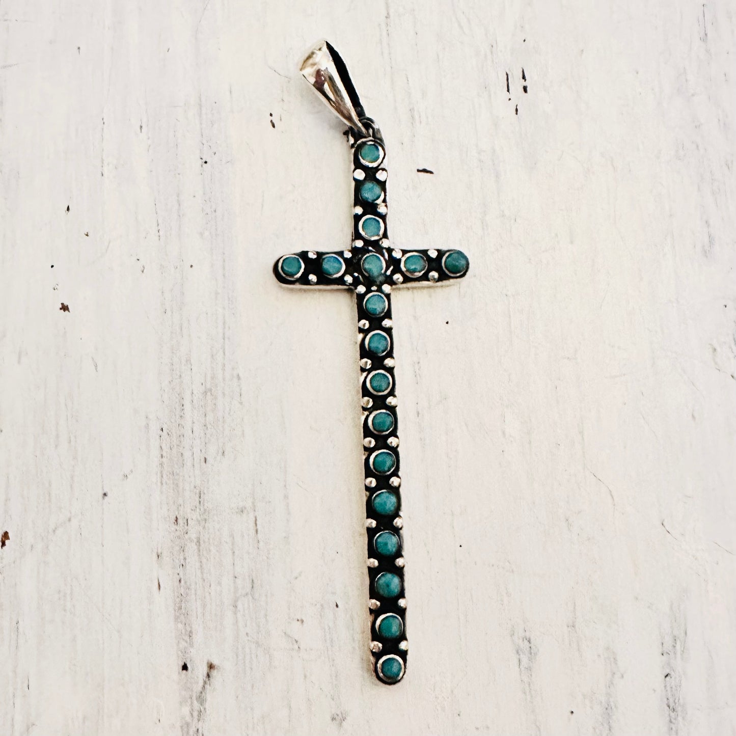Long Sterling Cross & Inset Turquoise Stones