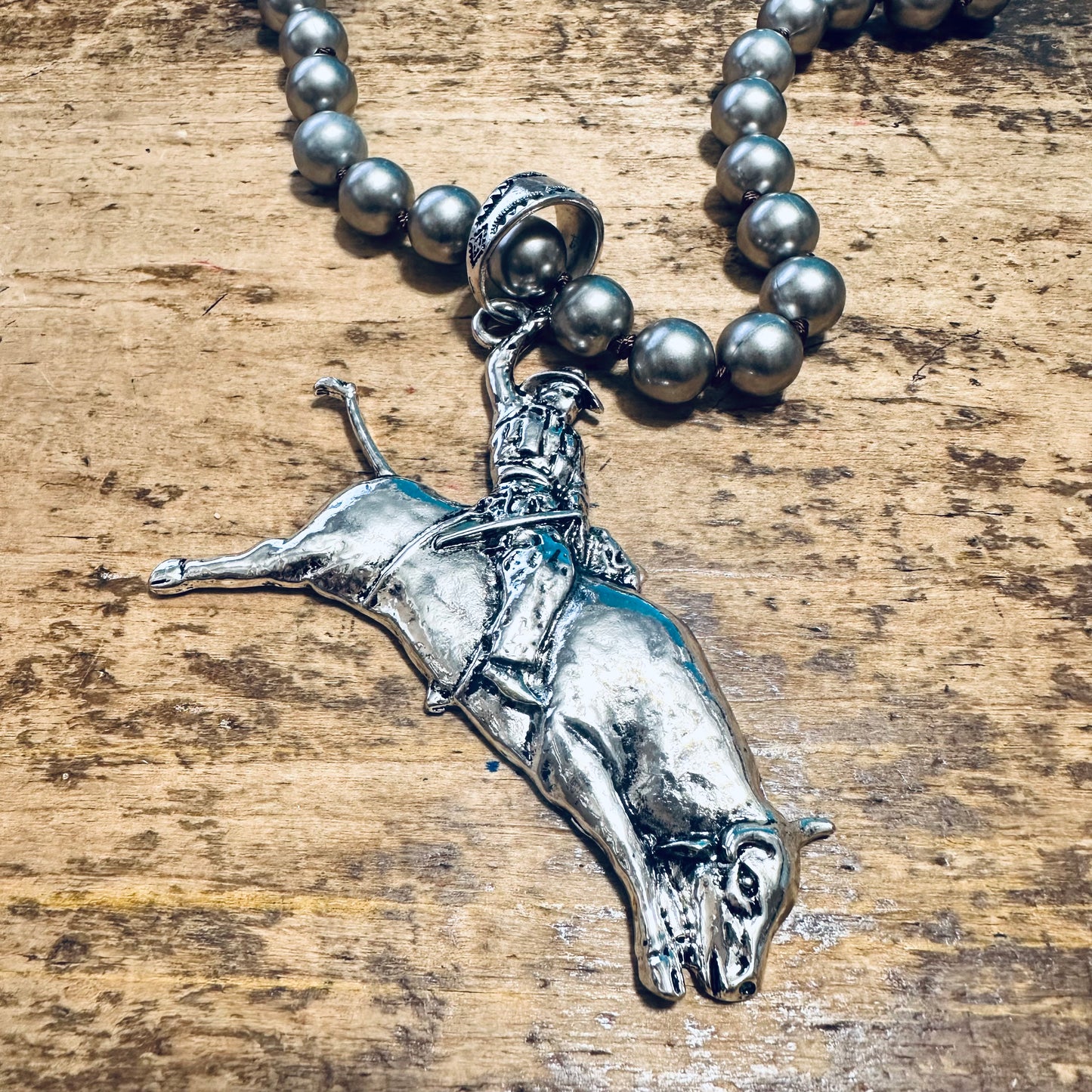 18" Large Pewter Pearl & Bull Rider Pendant Necklace