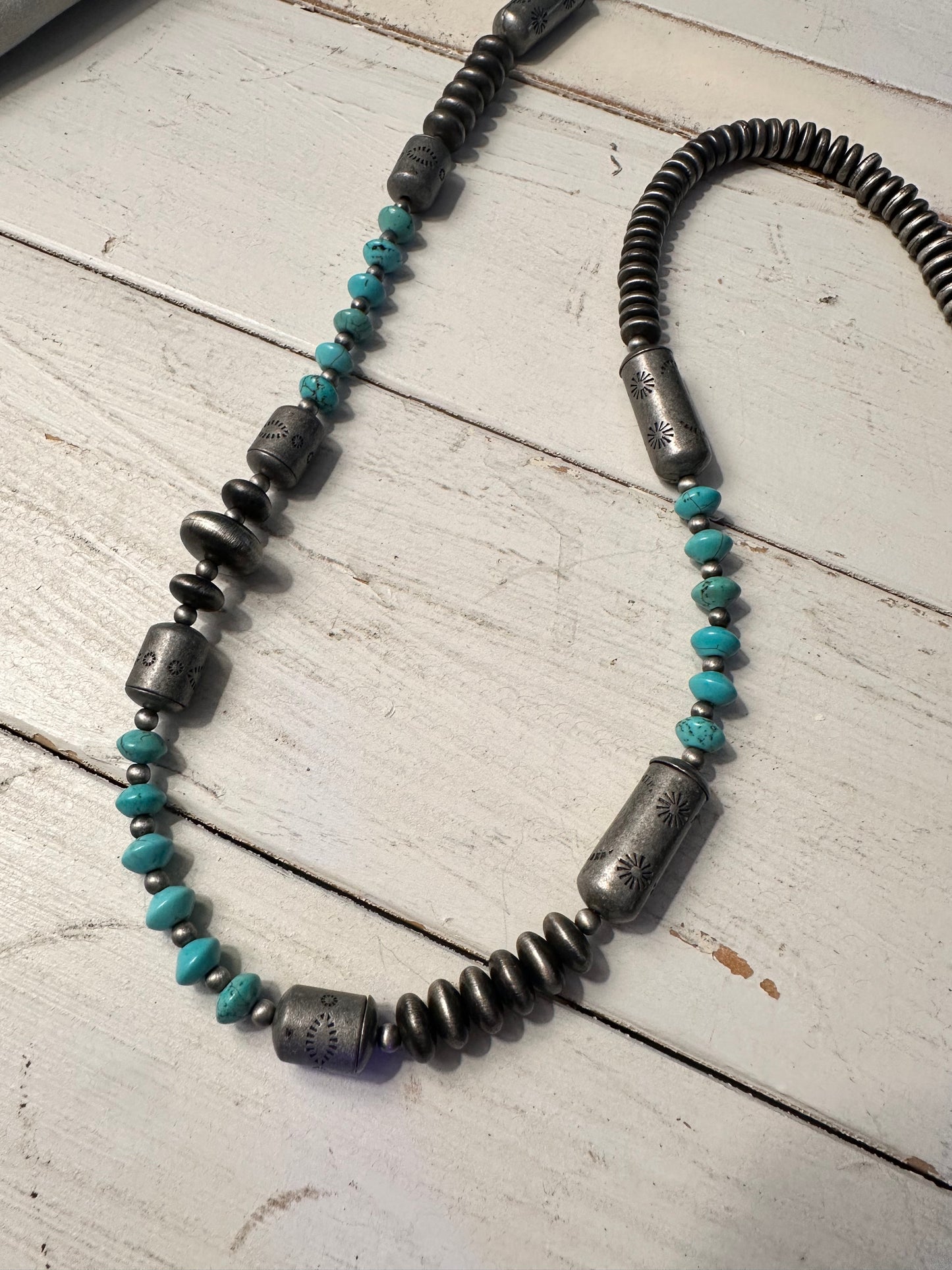 36" Turquoise & Pewter Disc & Barrel Bead Necklace
