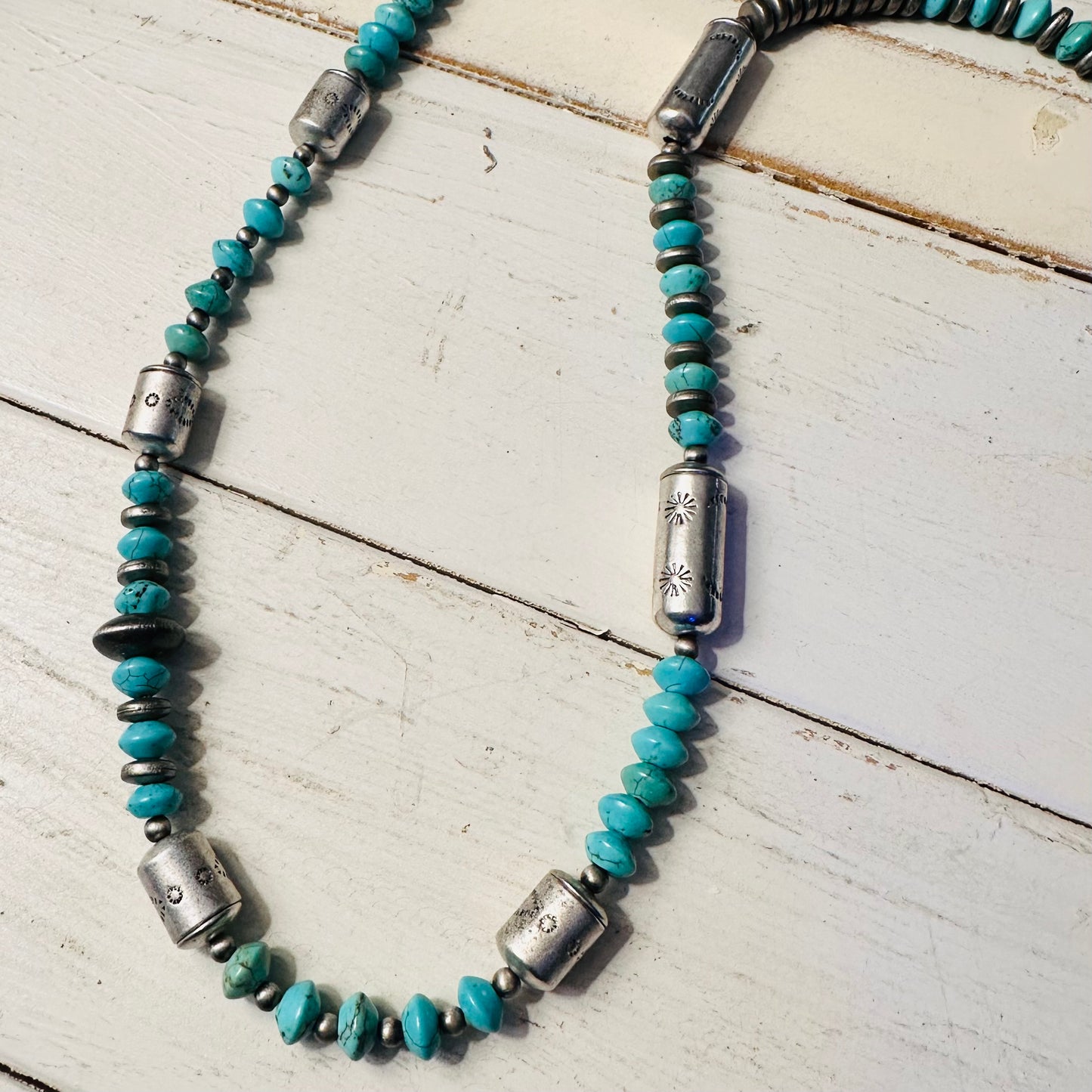 36" Turquoise, Pewter & Silver Barrel Bead Necklace