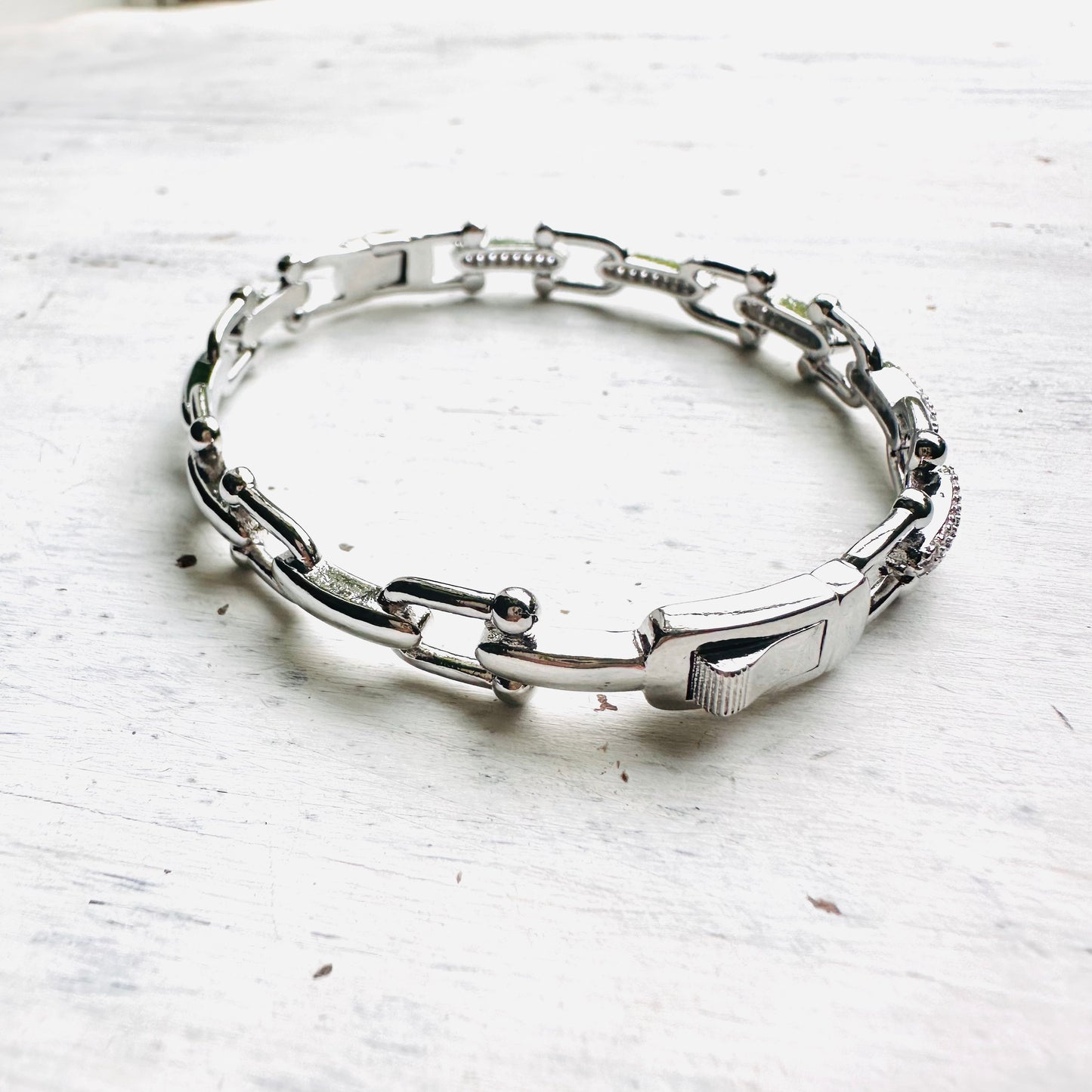 Silver Bit Link & Paved CZ Hinged Bracelet