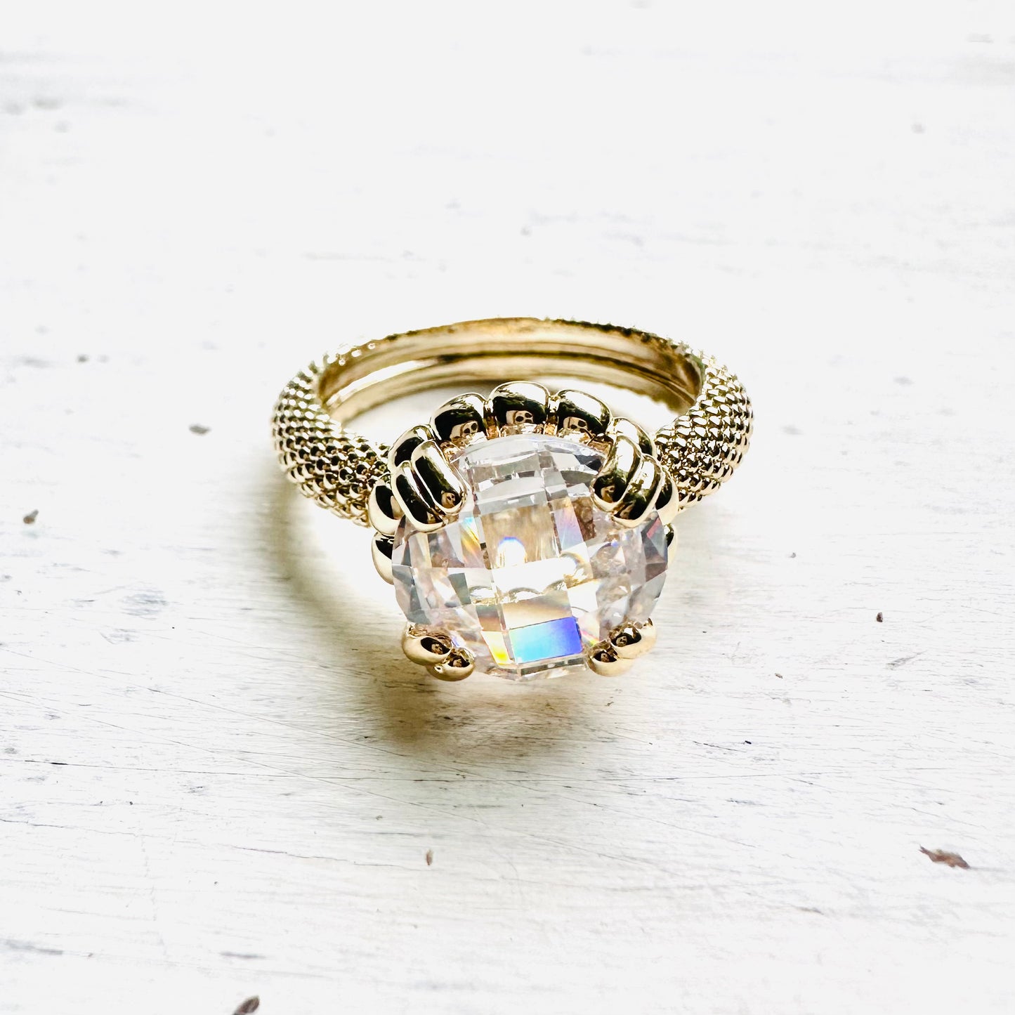 Gold Textured Round CZ Crystal Ring