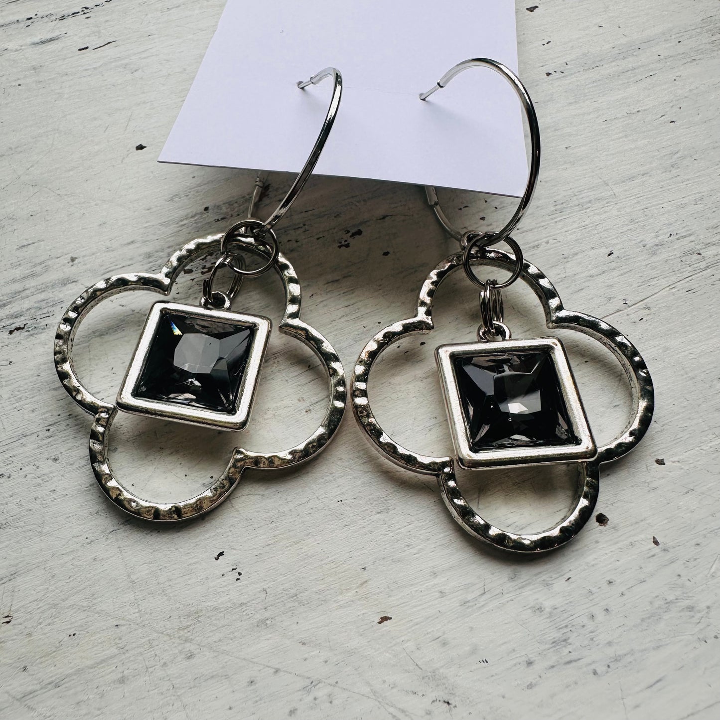 Clover & Grey Stone Dangle Hoop Earrings