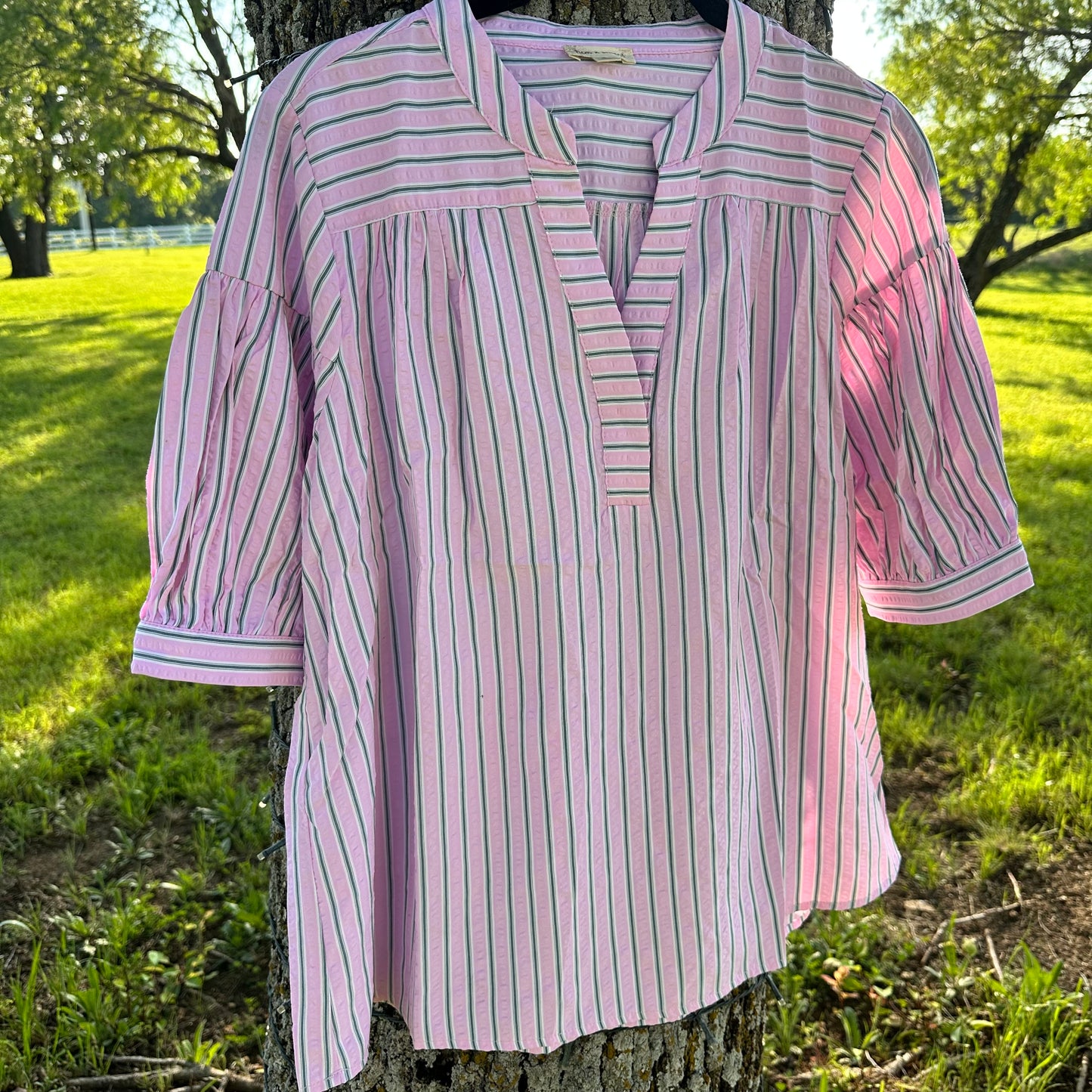 Pink Striped Short Sleeve Blouse