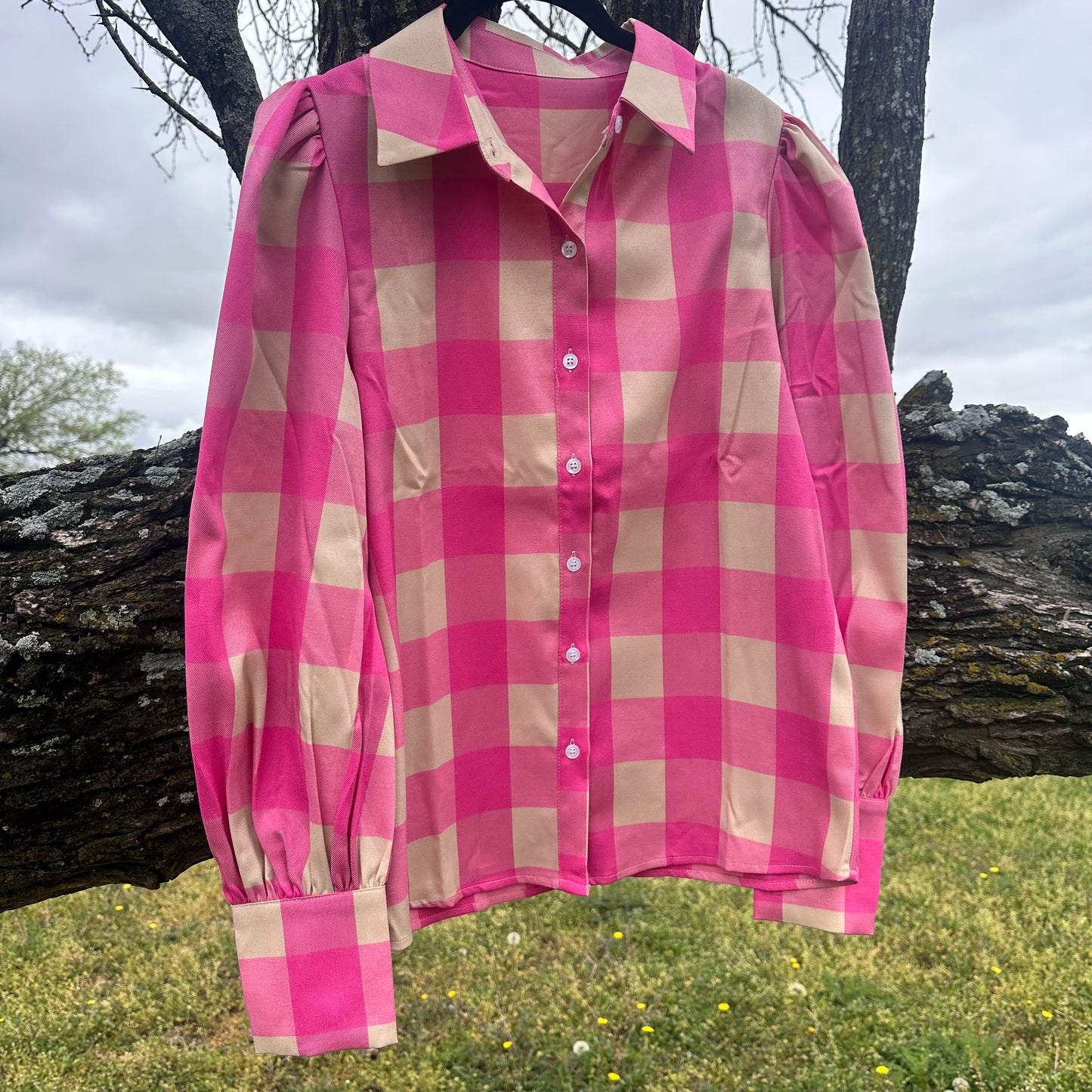 Pink & Tan Gingham Puff Sleeve Top