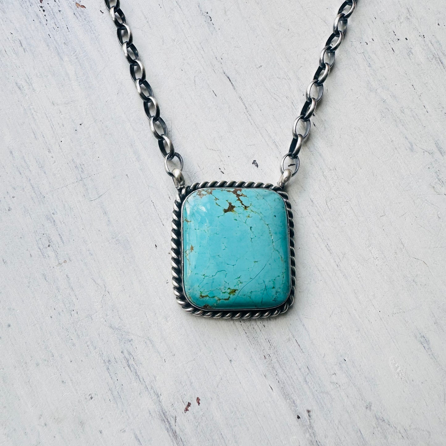18" Sterling & Large Turquoise Square Necklace