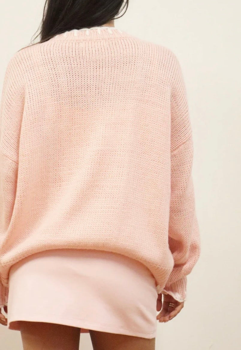Pink Oversized Embroidered Horse Head Sweater