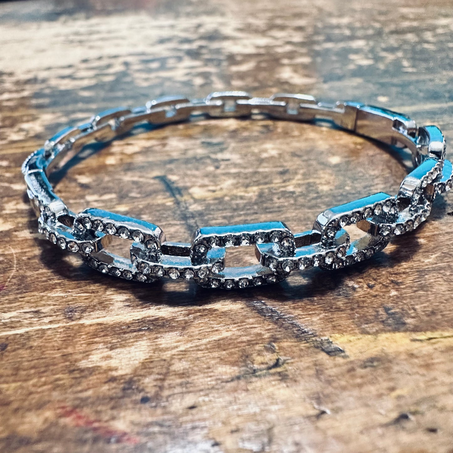 Silver CZ Link Hinged Bangle Bracelet