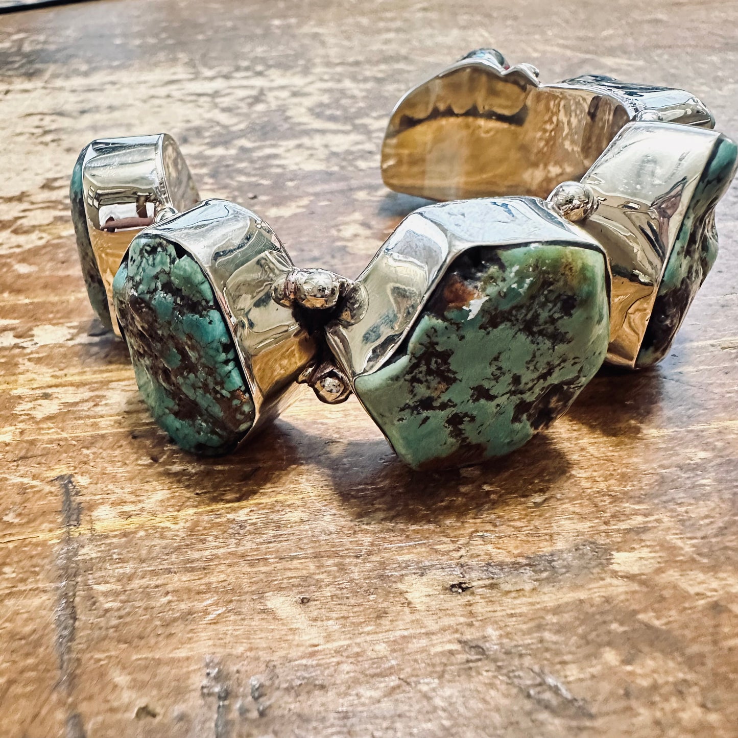 Large Turquoise Stone Coin Silver Cuff Bracelet