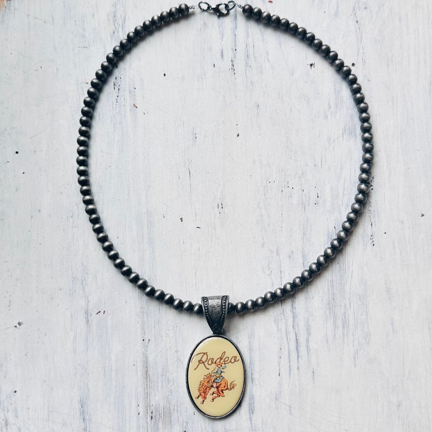 17" Pewter Pearl Rodeo Pendant Necklace 6mm