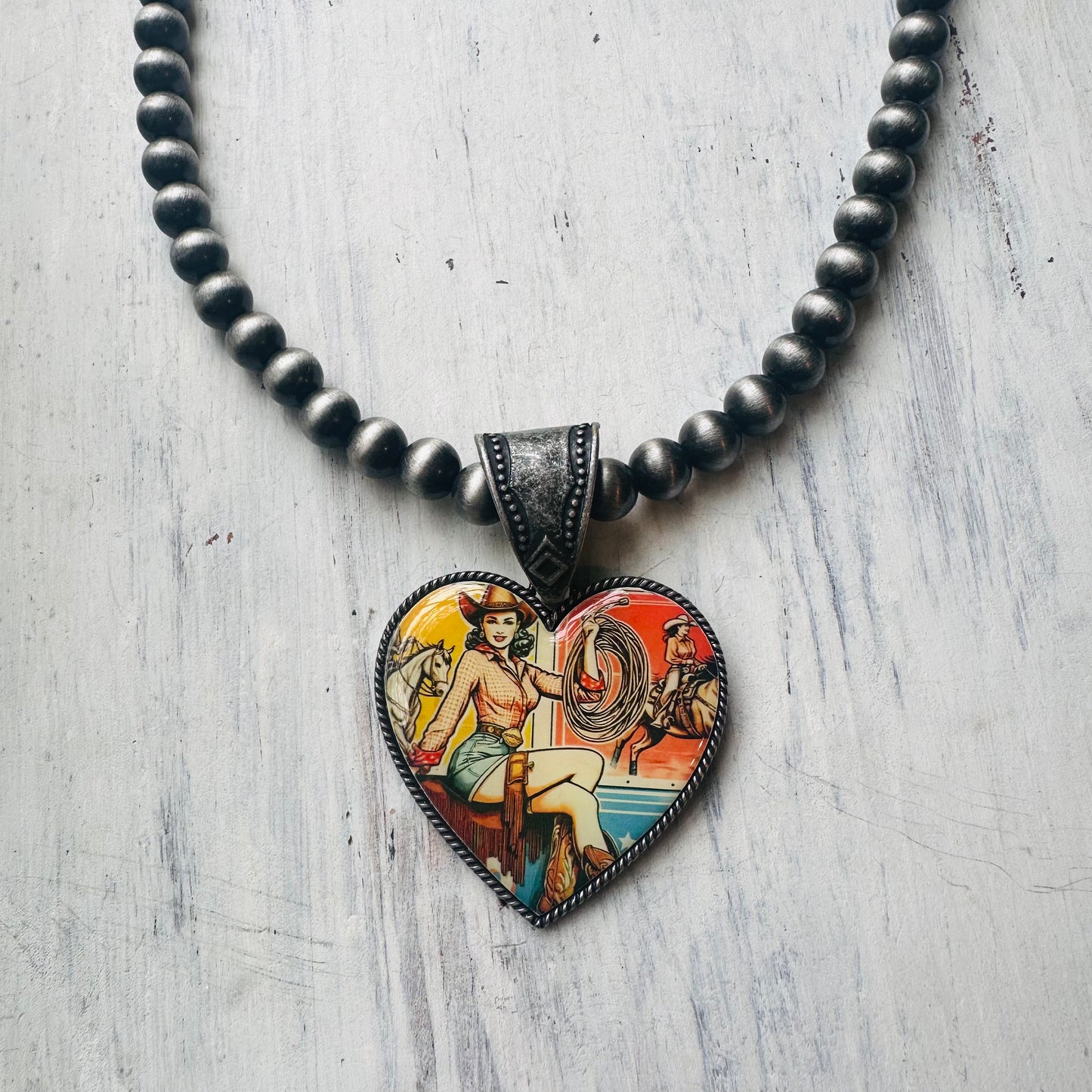 20" Pewter Pearl & Cowgirl Heart Pendant Necklace 10mm