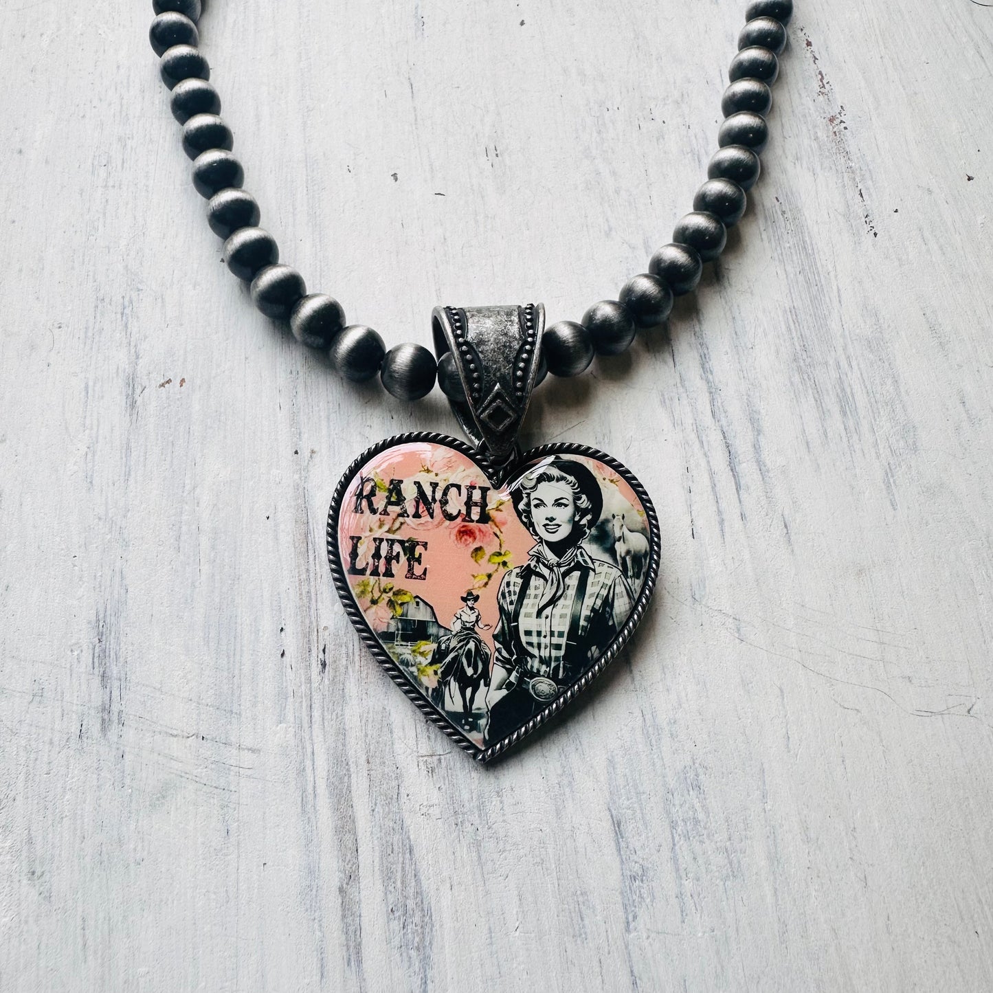 20" Pewter Pearl & Ranch Life Heart Pendant Necklace 10mm