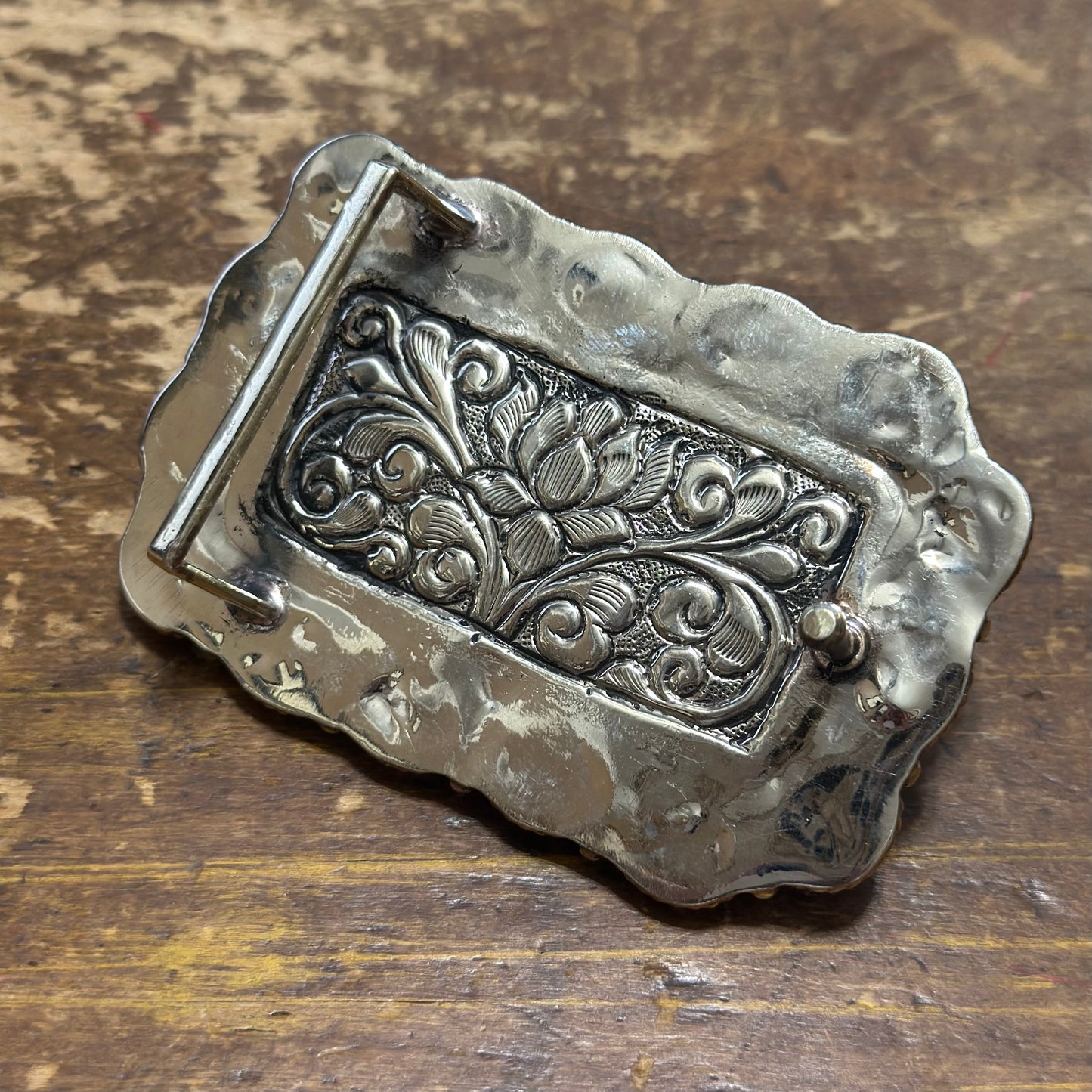 Green Turquoise & Orange Rectangle Stone Coin Silver Belt Buckle