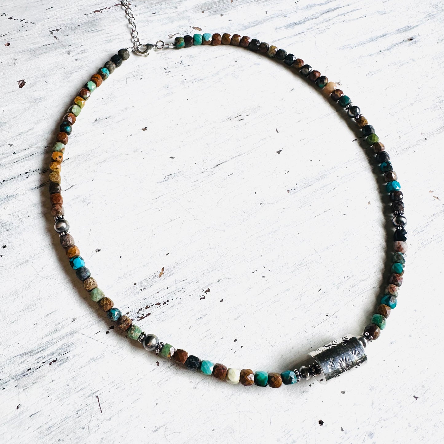 16" Multi Stone & Sterling Barrel Bead Necklace