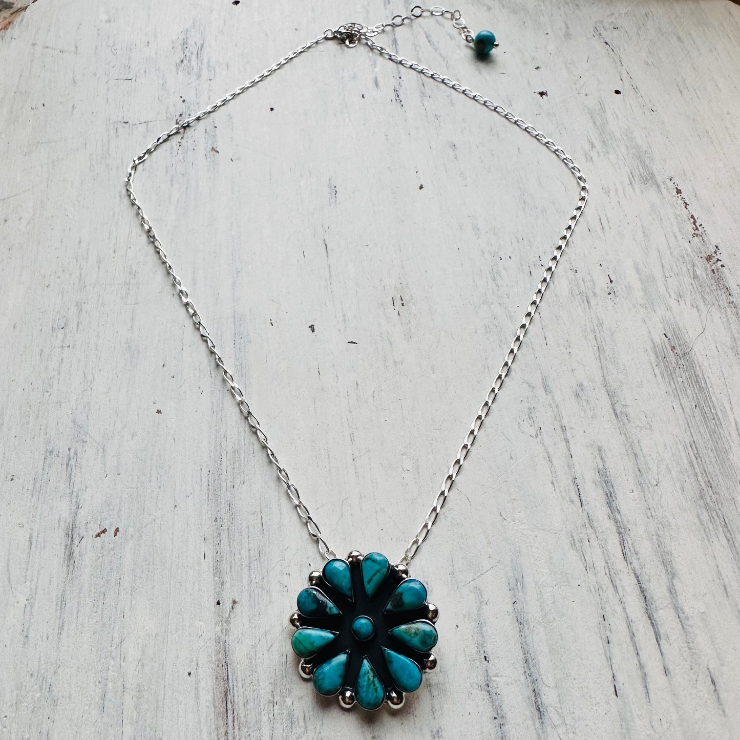 16" Sterling & Turquoise Flower Pendant Necklace