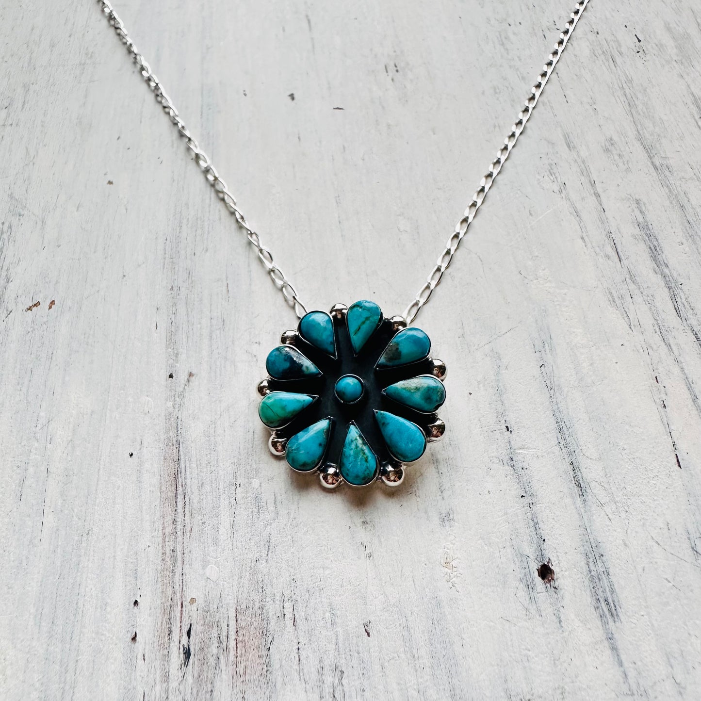 16" Sterling & Turquoise Flower Pendant Necklace