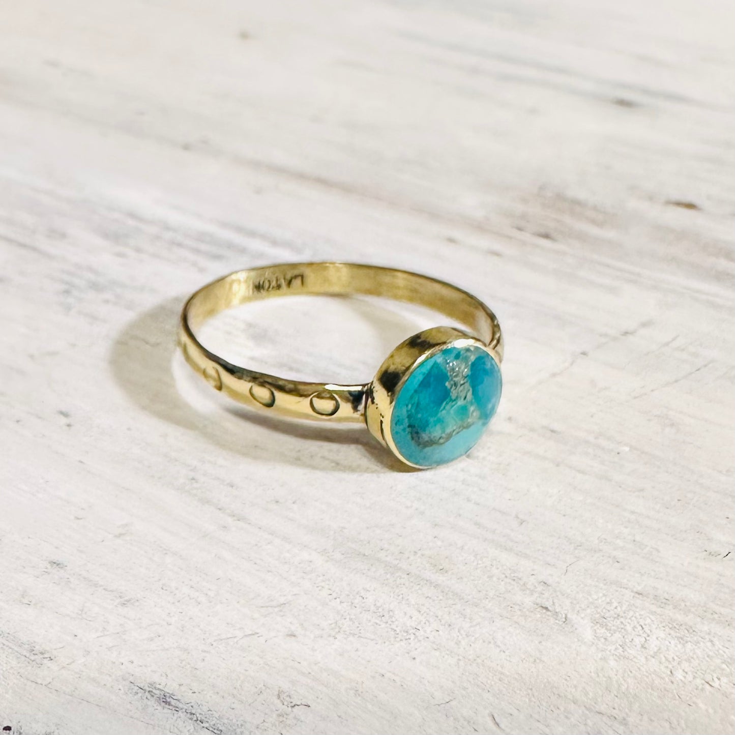 Brass & Turquoise Circle Stamped Stacker Ring