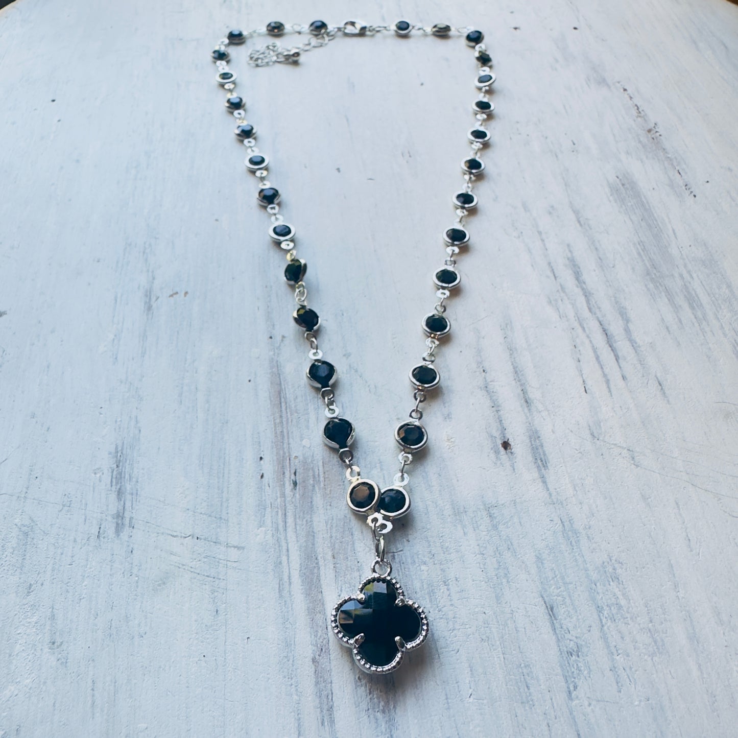Black Crystal & Clover Necklace