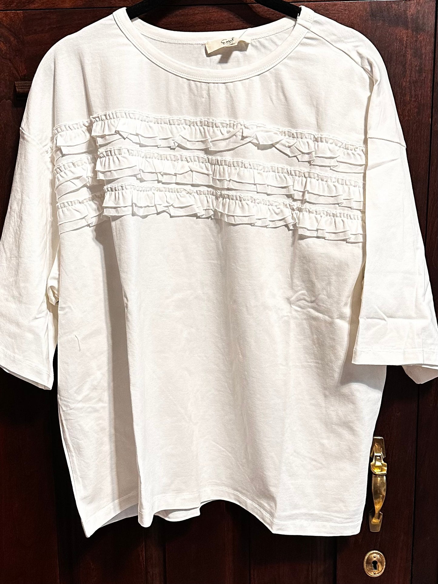 White Short Sleeve Ruffle Front Top