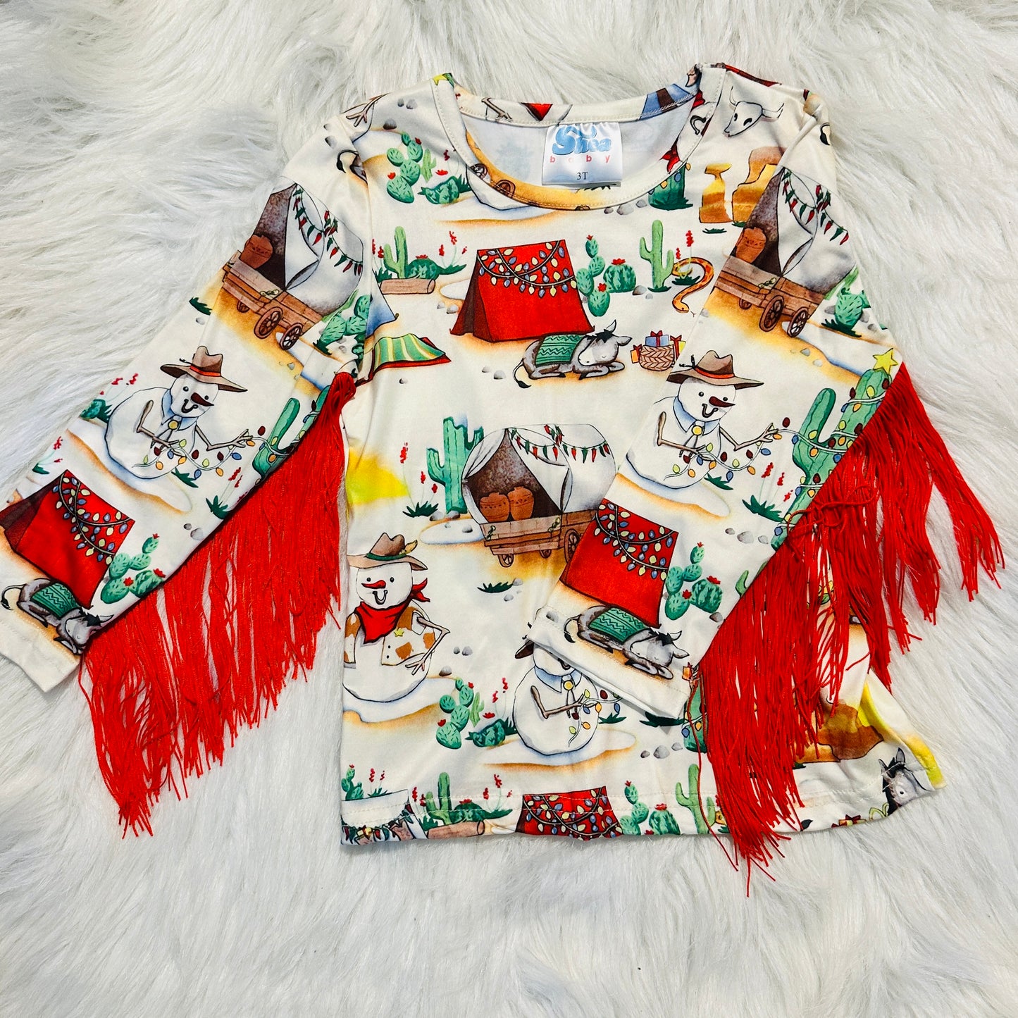 Christmas Western Scene Fringe Top