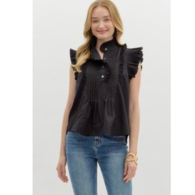 Black Pleated Cap Sleeve Top