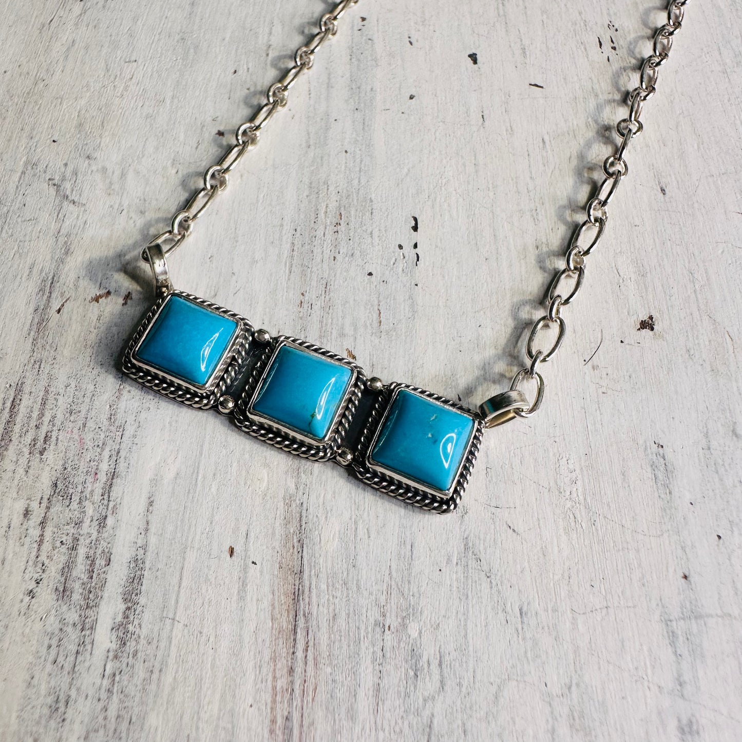 Sterling & 3 Turquoise Stone Rope Edge Bar Necklace