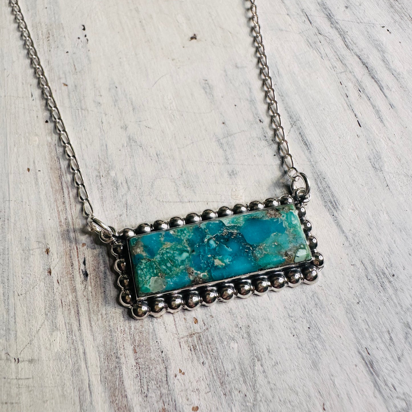Sterling & Turquoise Bar Beaded Edge Necklace