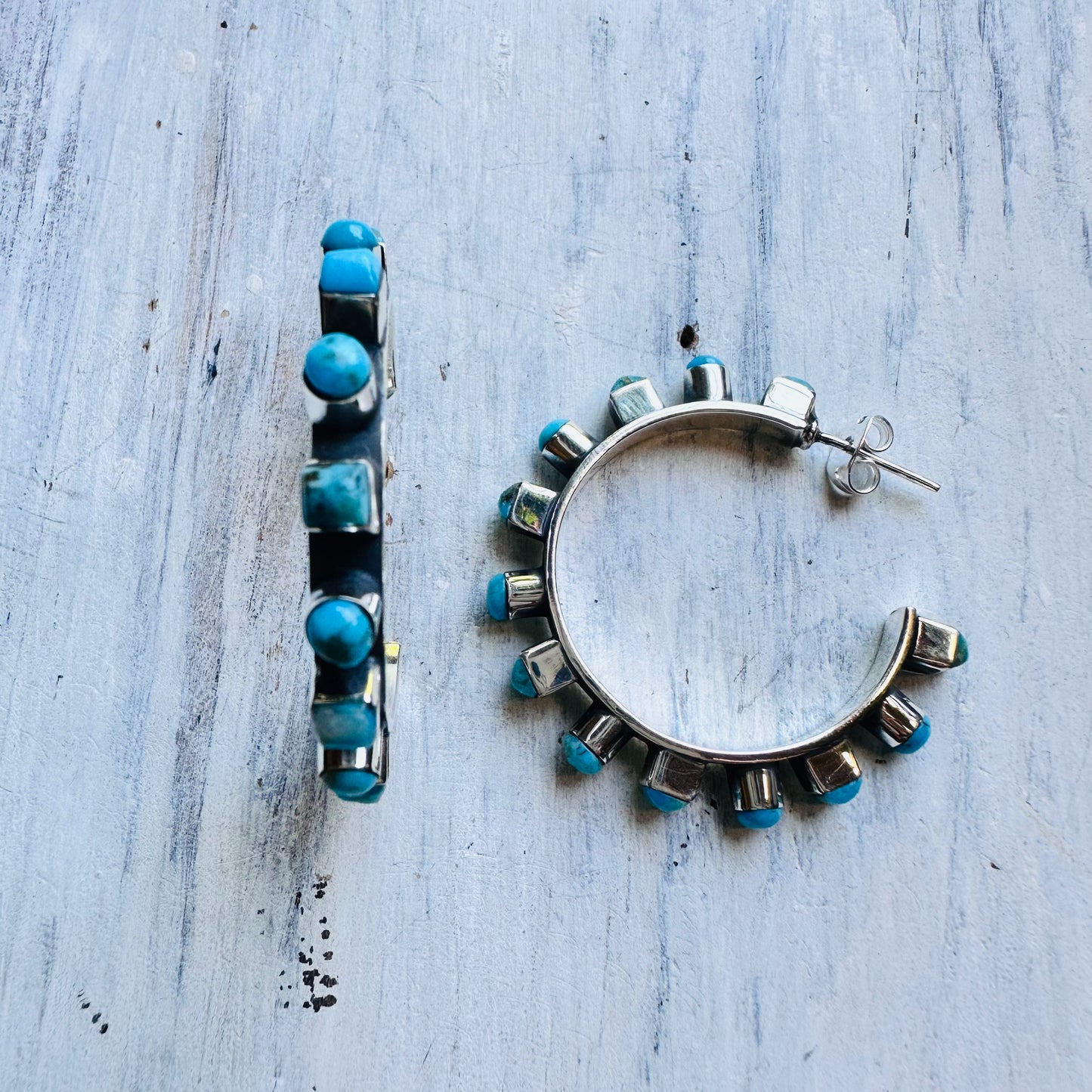 Sterling & Turquoise Dot-Square Hoop Post Earring