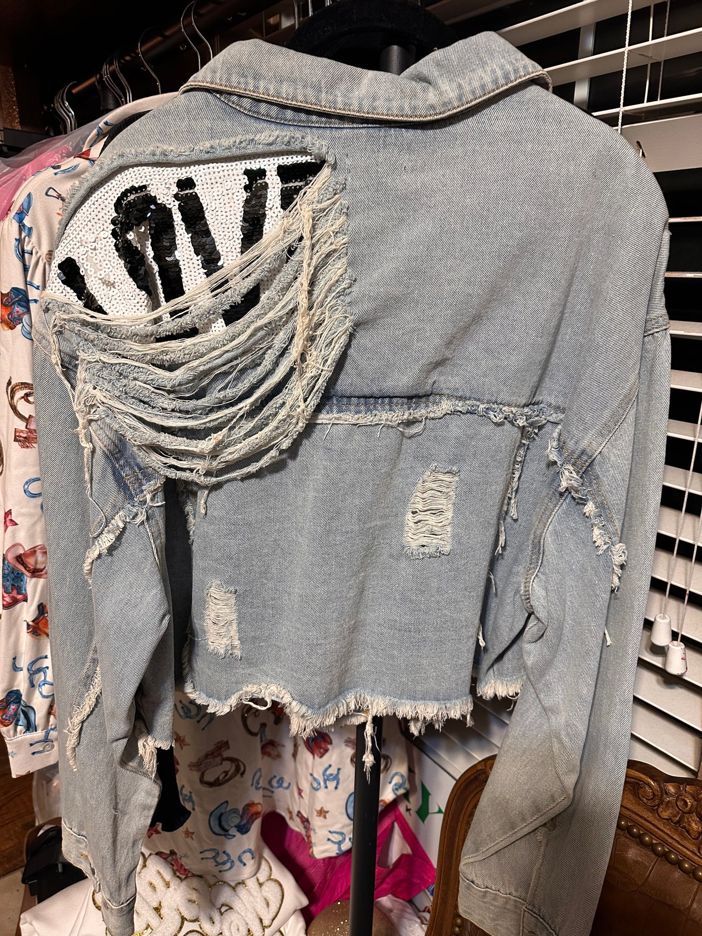 Distressed Denim Jacket with Sequin Patch