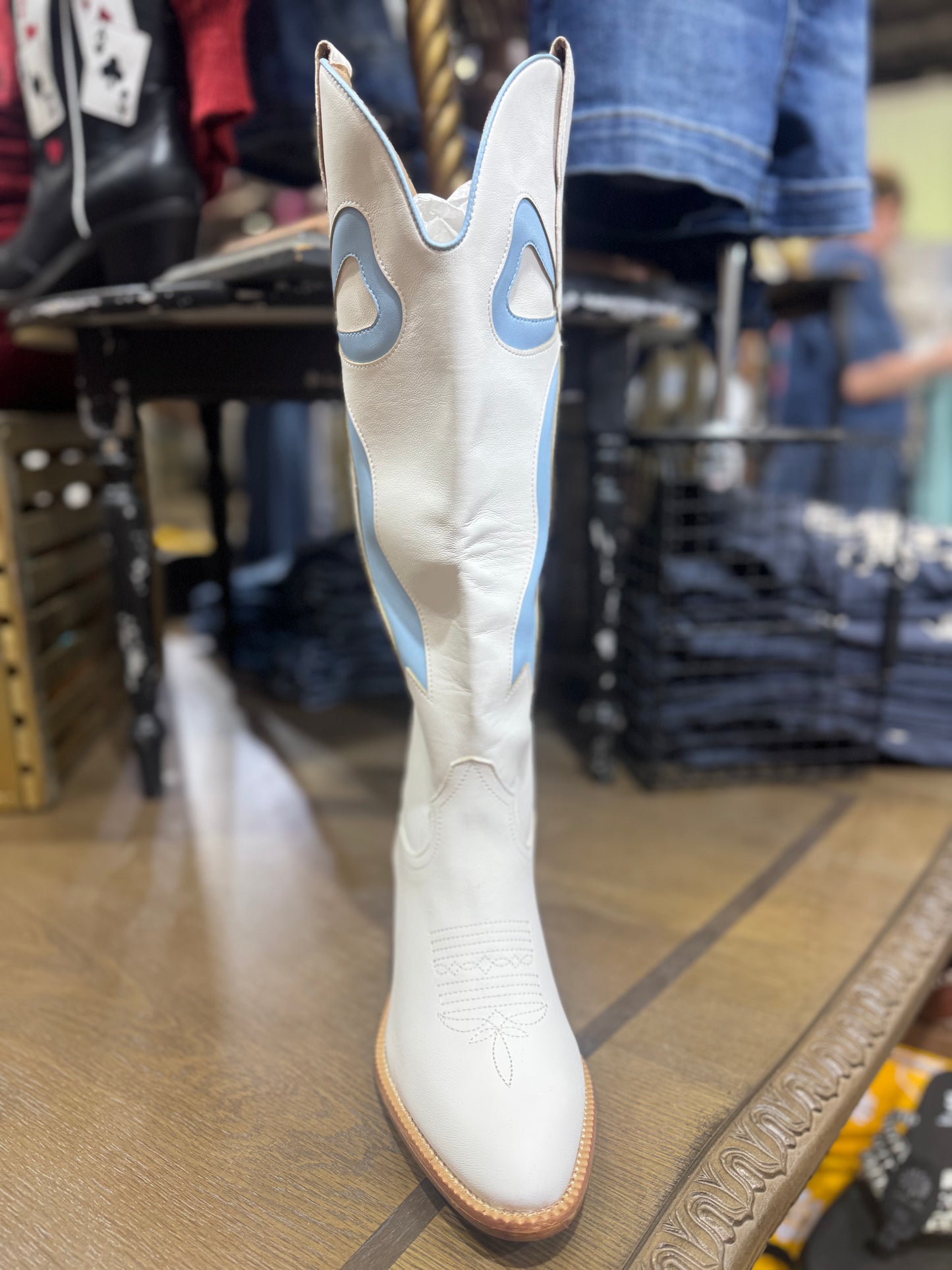Isadora White & Blue Bow Knee High Boots