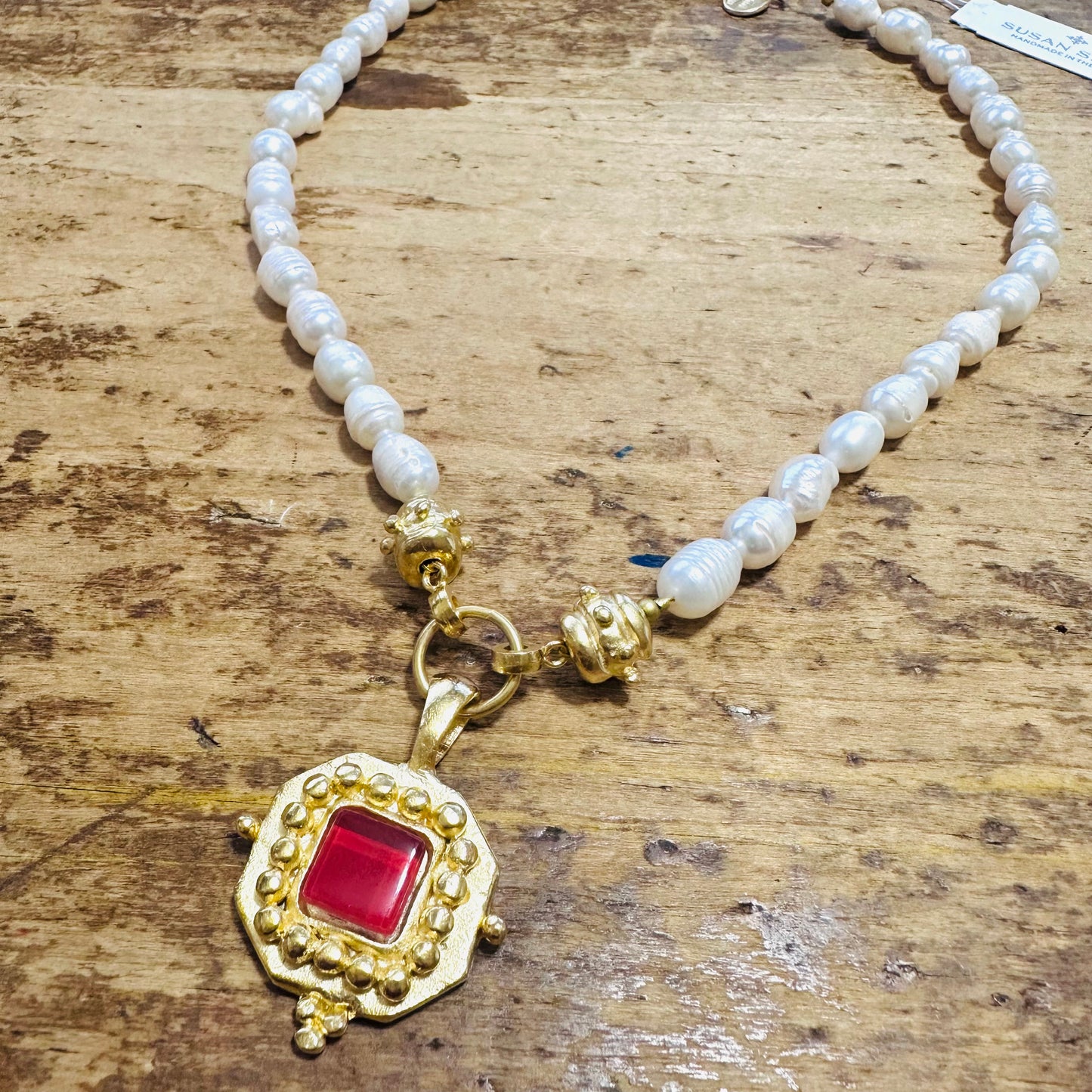 Susan Shaw Square Crimson French Glass Pearl Necklace