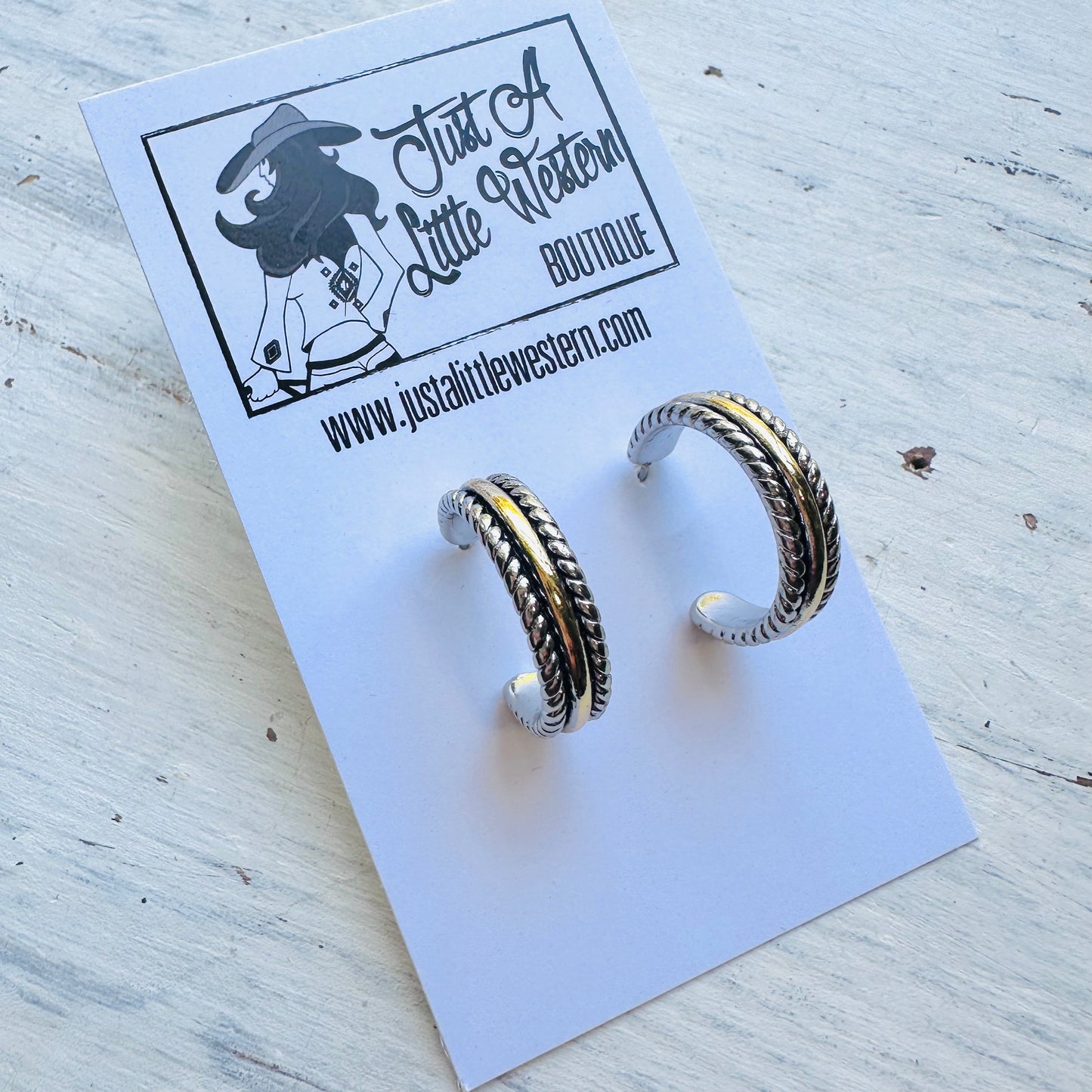 Gold Hoop Silver Rope Edge Post Earrings