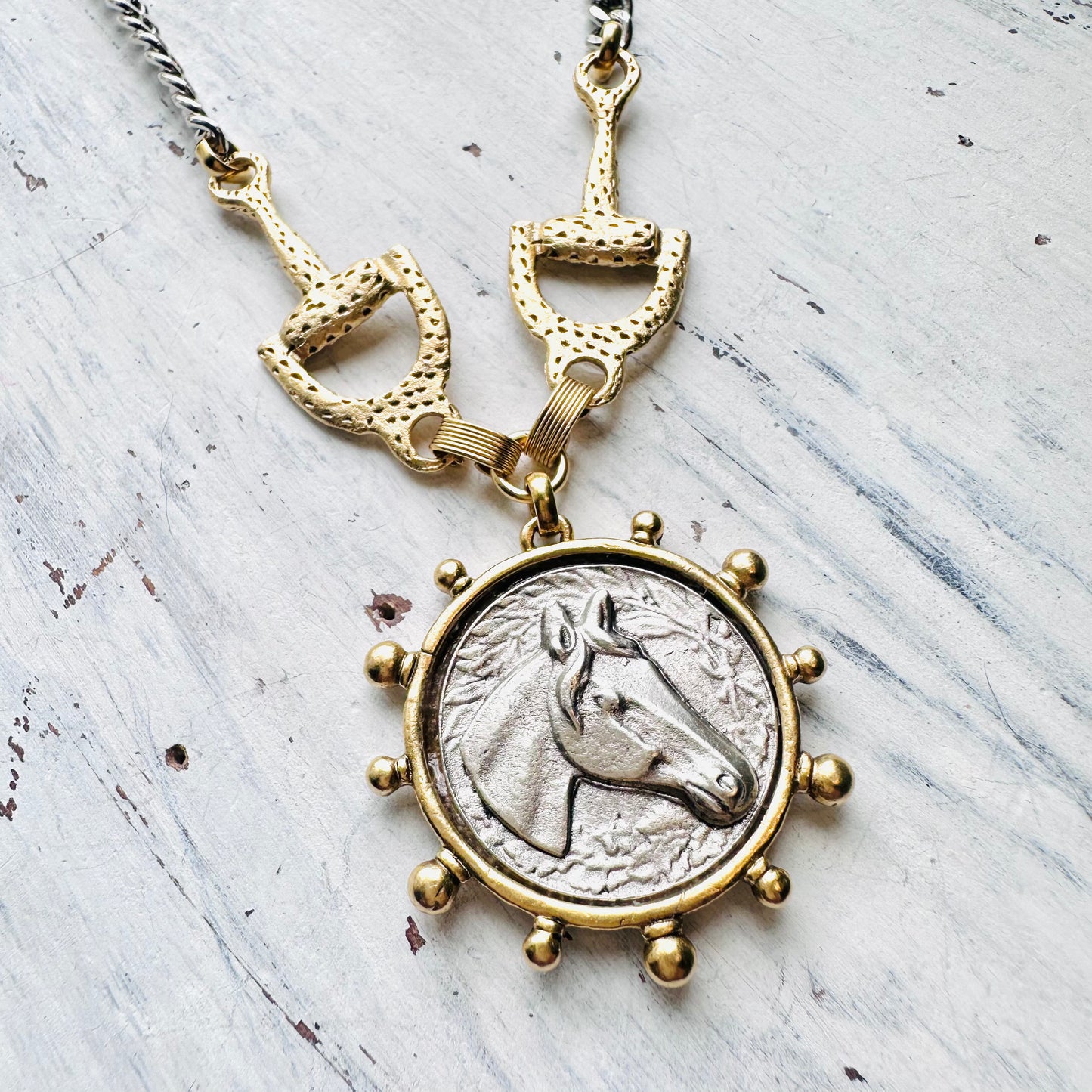 Yochi NY Veronica Horse Medaliion & Stirrup Necklace