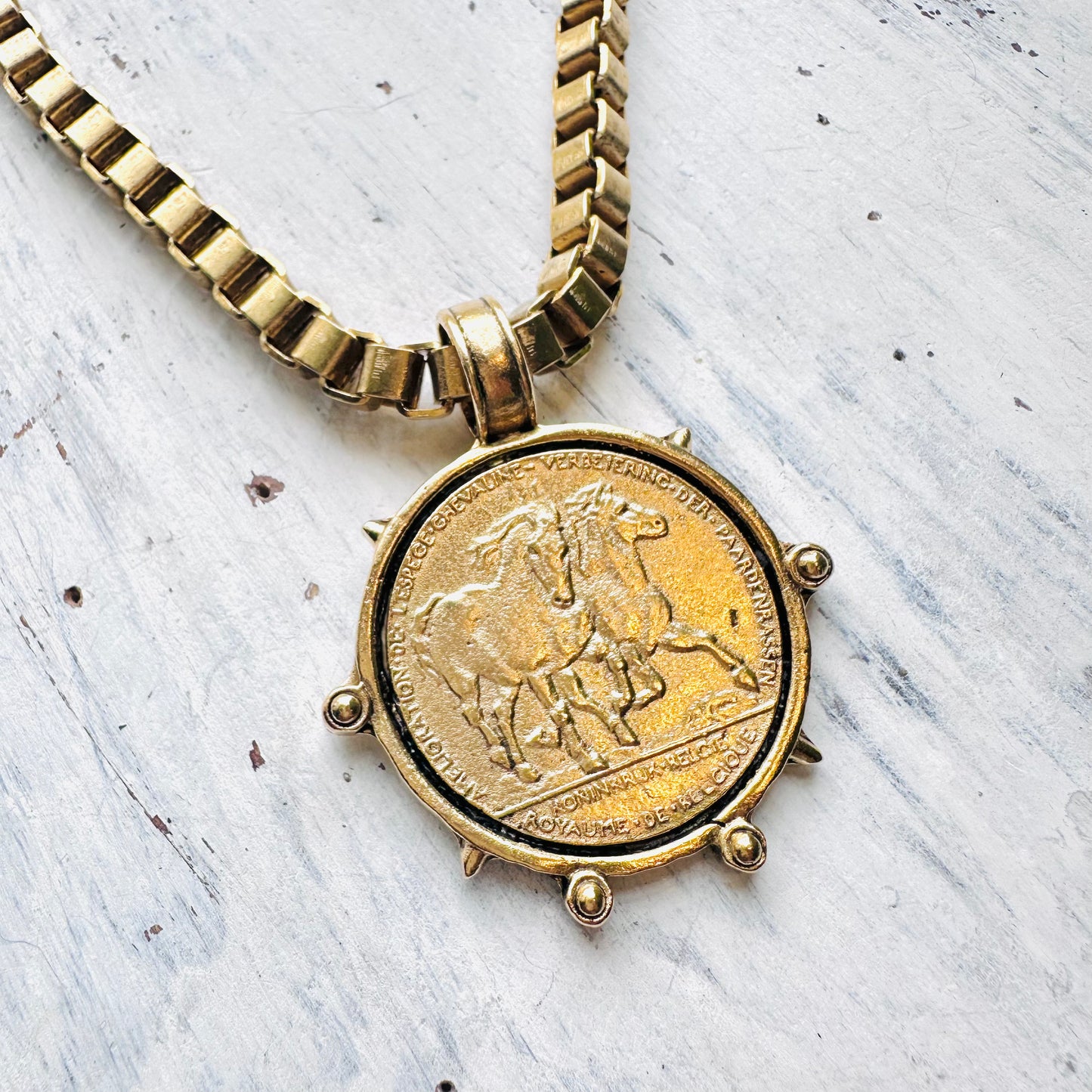 Yochi NY Chunky Box Chain Horse Medallion Necklace