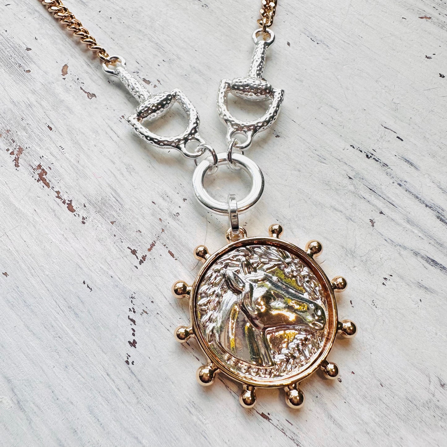 Mixed Metal Silver Horse Medallion & Bit Necklace