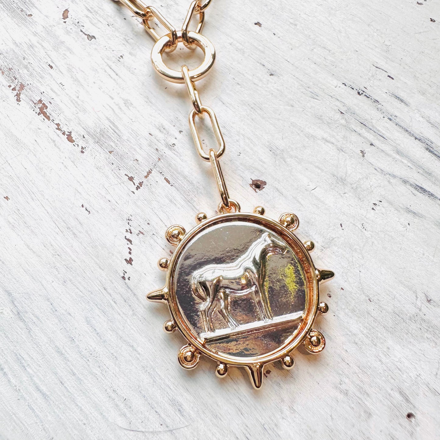 Silver Horse Medallion Drop Gold Paperclip Necklace