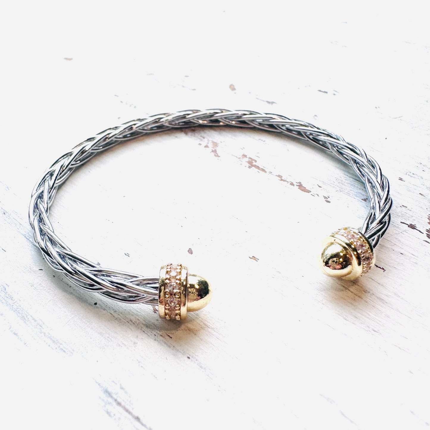 Silver Cable & Gold with CZ Ends Cuff Bracelet